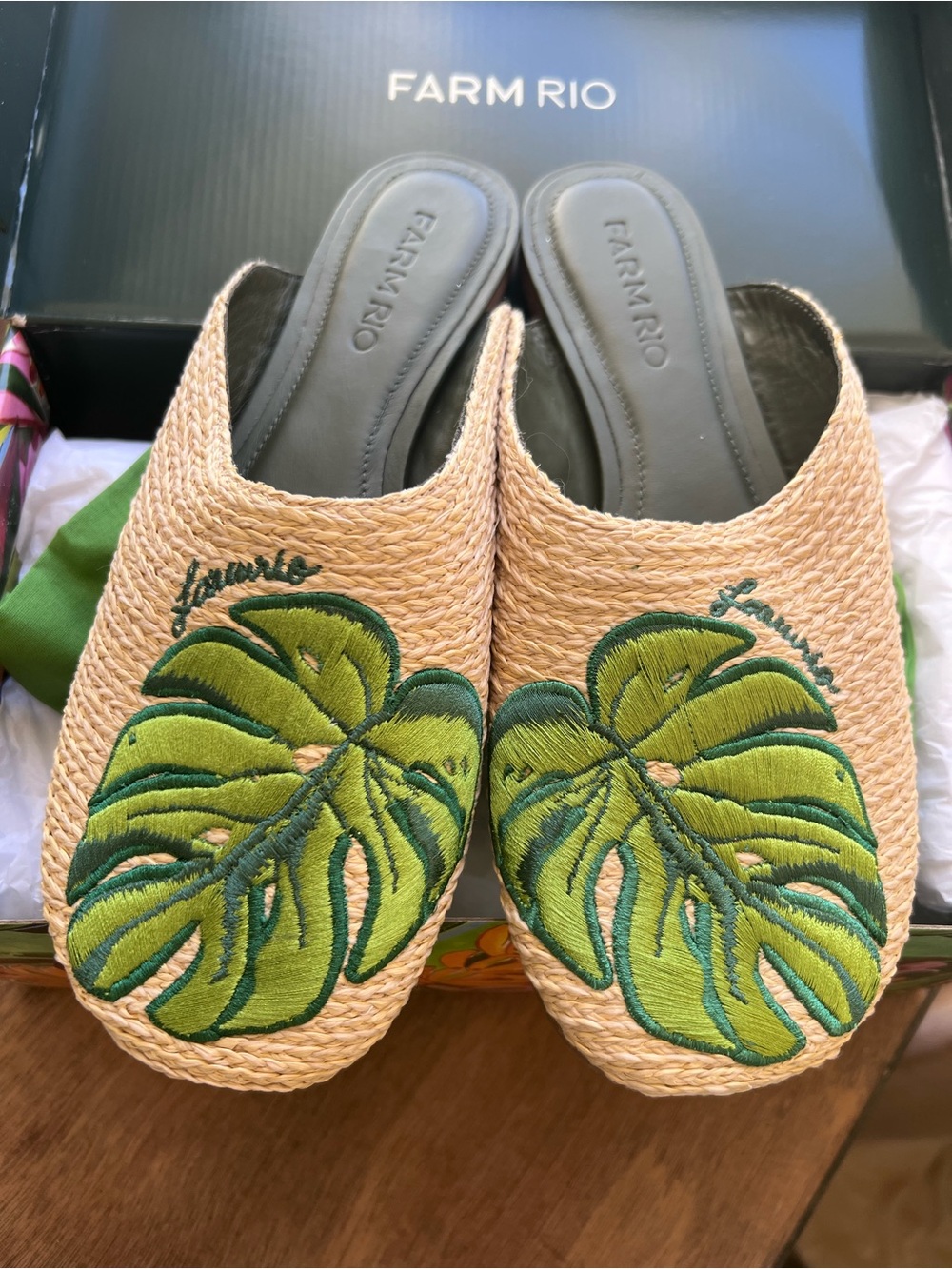 FARM Rio Raffia Icons Mules with Green Leaf Embroidery Size 8 NWT